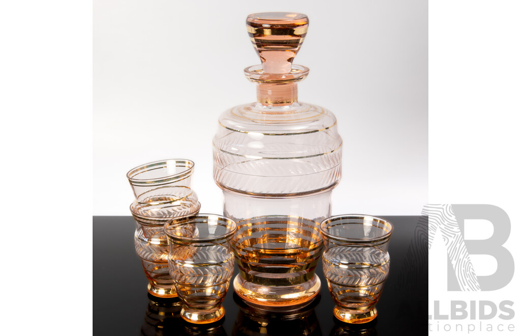 Vintage Continental Decanter with Stopper and Four Matching Tumblers