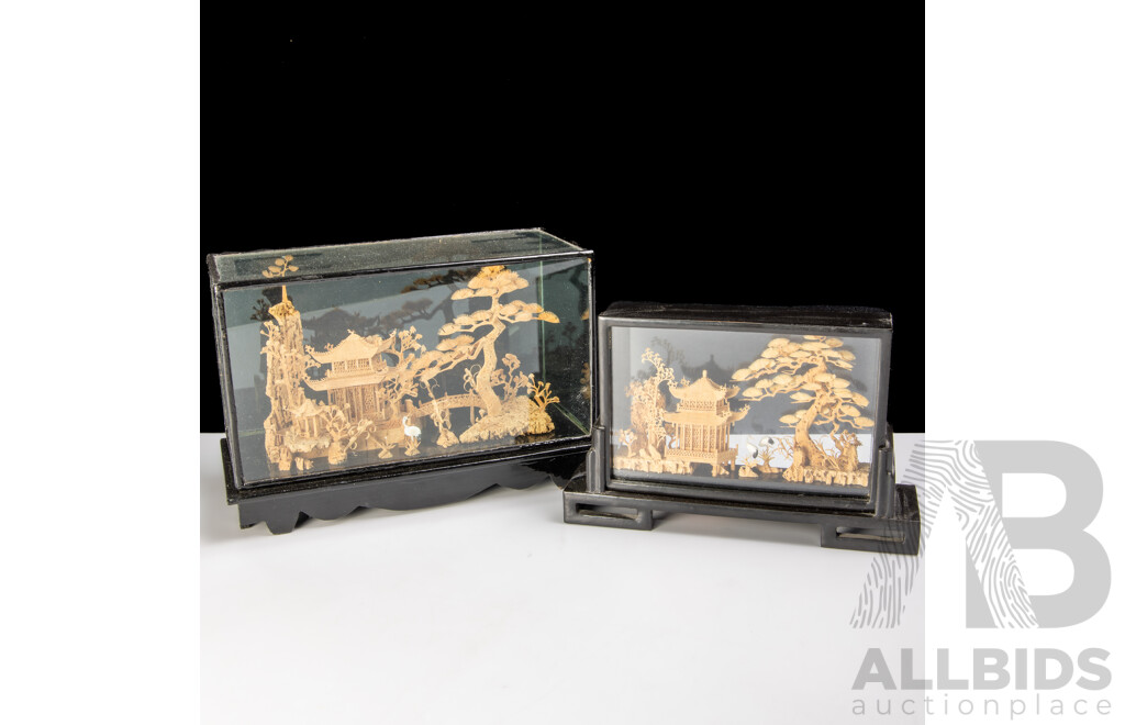 Two Vintage Chinese Hand Carved Cork Dioramas in Glass Display Cases