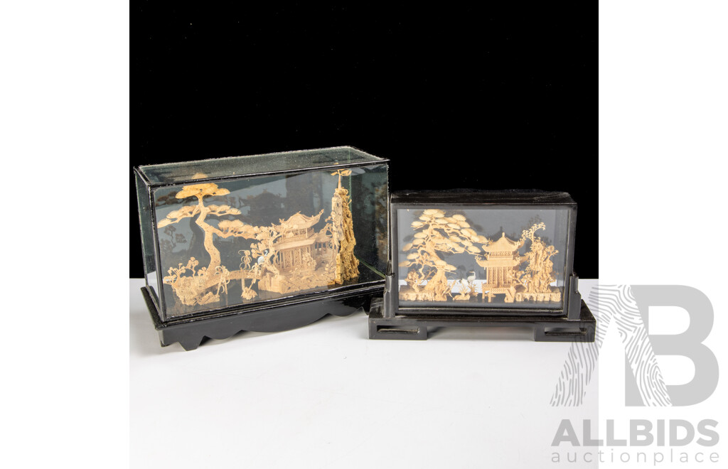 Two Vintage Chinese Hand Carved Cork Dioramas in Glass Display Cases