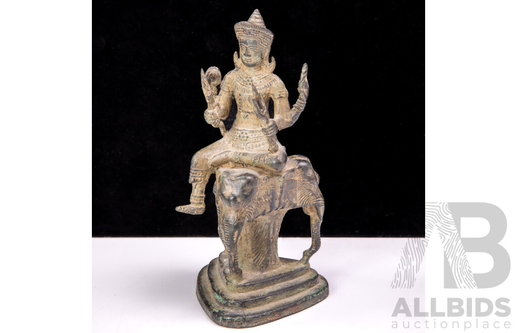Antique South East Asian Khmer Bronze Vishnu on Triple Elephants Statue, Circa 19th Century