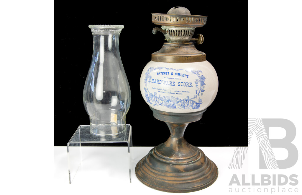 Antique Style Dual Control Oil Lamp with Glass Flue and Porcelain Advertising Font
