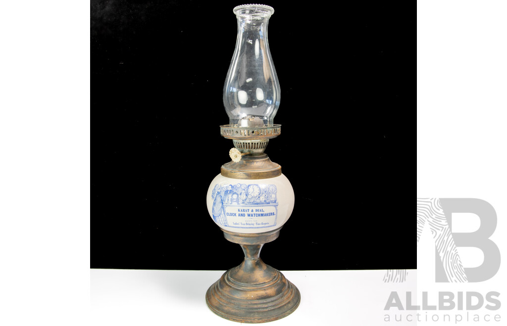 Antique Style Dual Control Oil Lamp with Glass Flue and Porcelain Advertising Font
