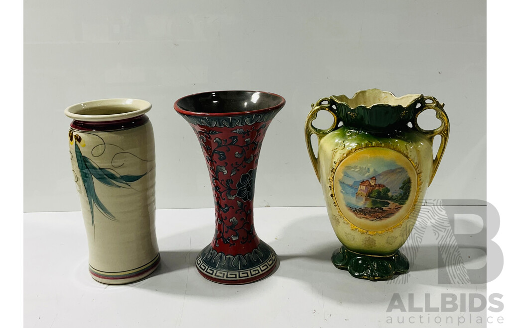 Collection Three Vases Comprisng Vintage Twin Handled Example, Studio Pottery Example with Hand Painted Gum Leaves and Another