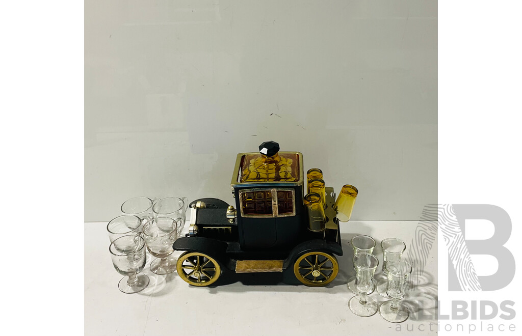 Retro Model T Ford Decanter and Glasses Set Along with Selection Other Stemware