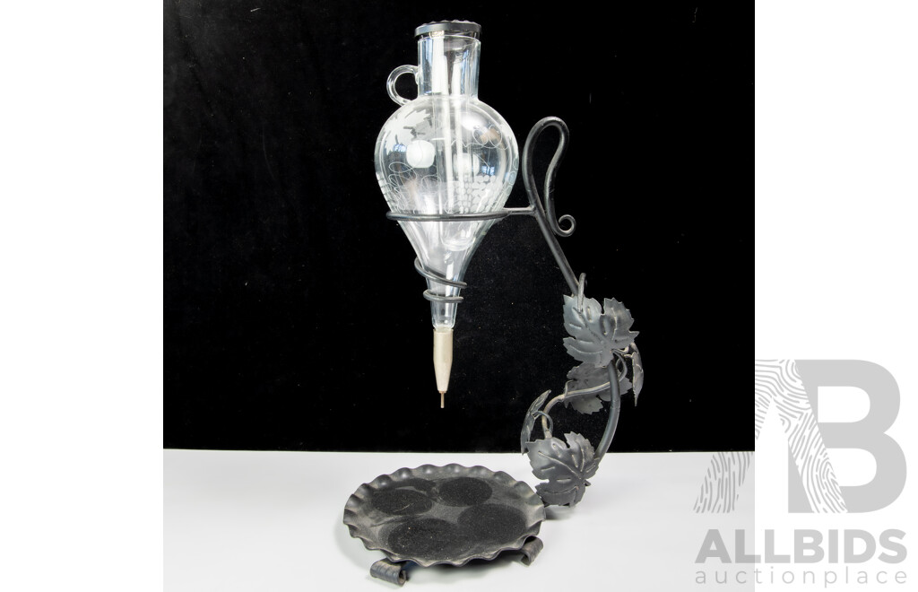 Retro Iron Work Stand with Glass Wine Decanter with Grape and Vine Motif