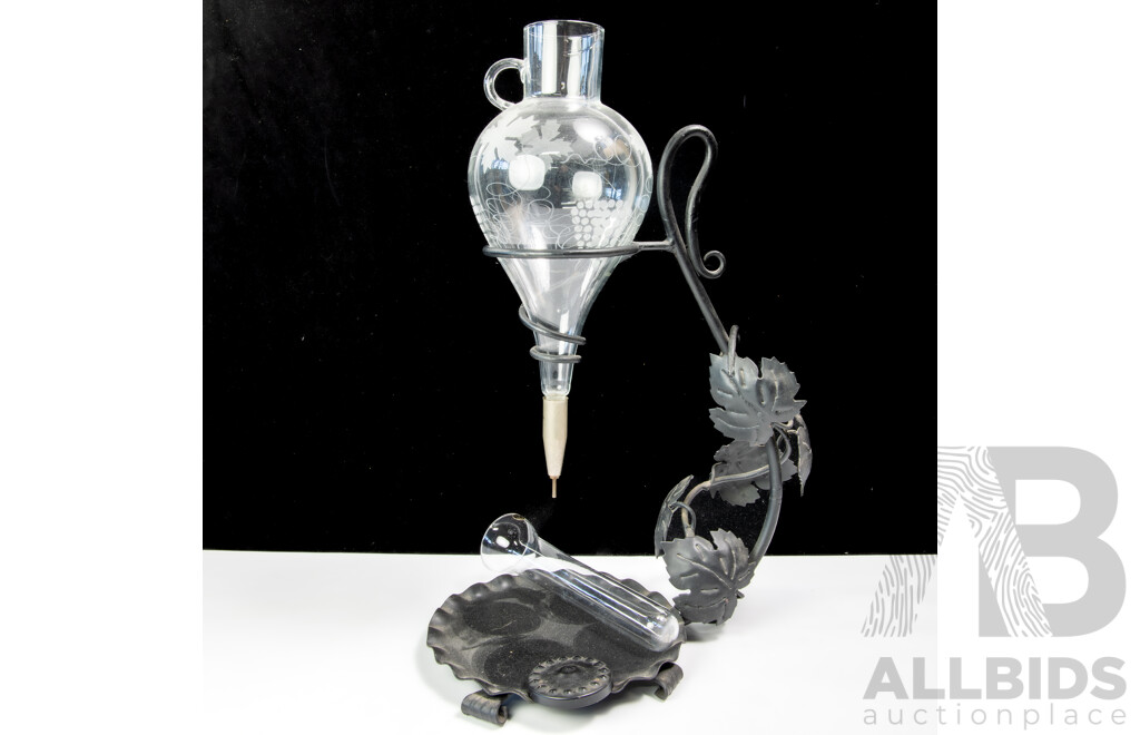 Retro Iron Work Stand with Glass Wine Decanter with Grape and Vine Motif