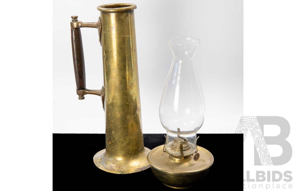 Handmade Vintage Turkish Brass Jug Along with Brass Bases Oil Lamp with Glass Flue