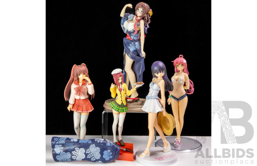 Collection Five Japanese Adult Hentai Anime Risqué Girly Figures Including Skytube Amamiya Satsuki with Changeable Kimono