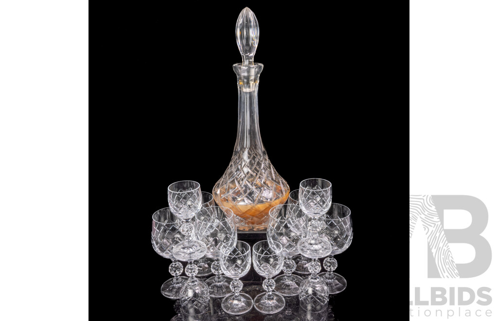 Collection Crystal Decanter with Stopper Along with Two Sets Six Cut Crystal Glasses