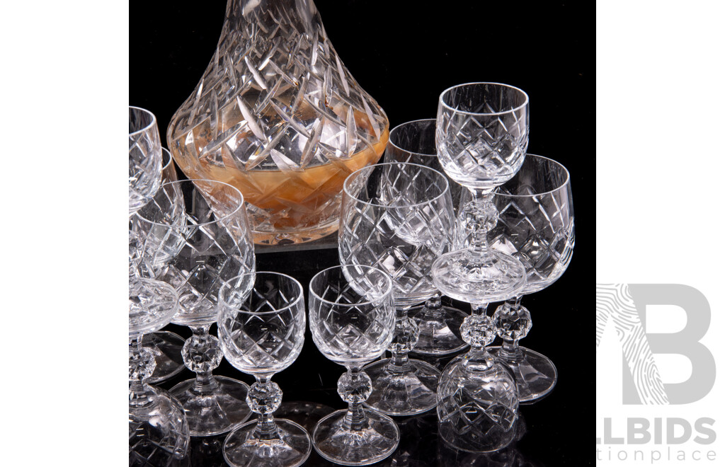 Collection Crystal Decanter with Stopper Along with Two Sets Six Cut Crystal Glasses
