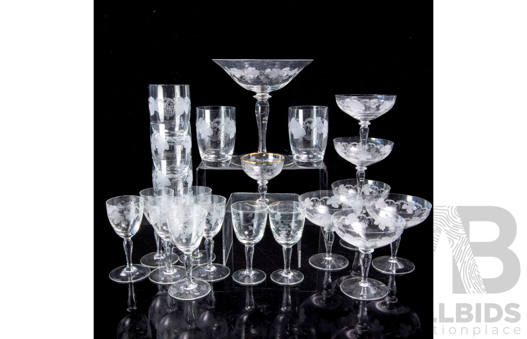 Collection Vintage Stemware with Engraved Grape and Vine Motif