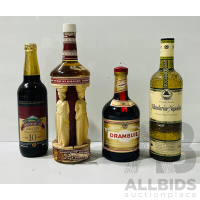 Collection of Four Bottles of Different Liqueurs Including Ouzouni Brandy in Decorative Bottle, Grande Cuvée Mandarine Napoléon Liqueur, Prince Charles Edward’s Drambuie Liqueur and Granville Island Brewing 10th Anniversary Ale