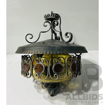 Vintage Hanging Light with Stained Glass Shade and Decorations