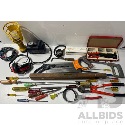 Assorted Lot of Hand and Power Tools - Saw, Screw Driver, Earmuffs, and More