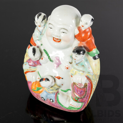 Vintage Chinese Laughing Buddha with Infants Porcelain Figure