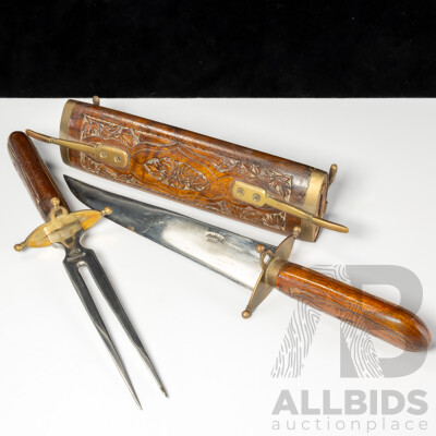 Subcontinental Hand Carved Carving Set in Wooden Sheath Including Knife and Fork