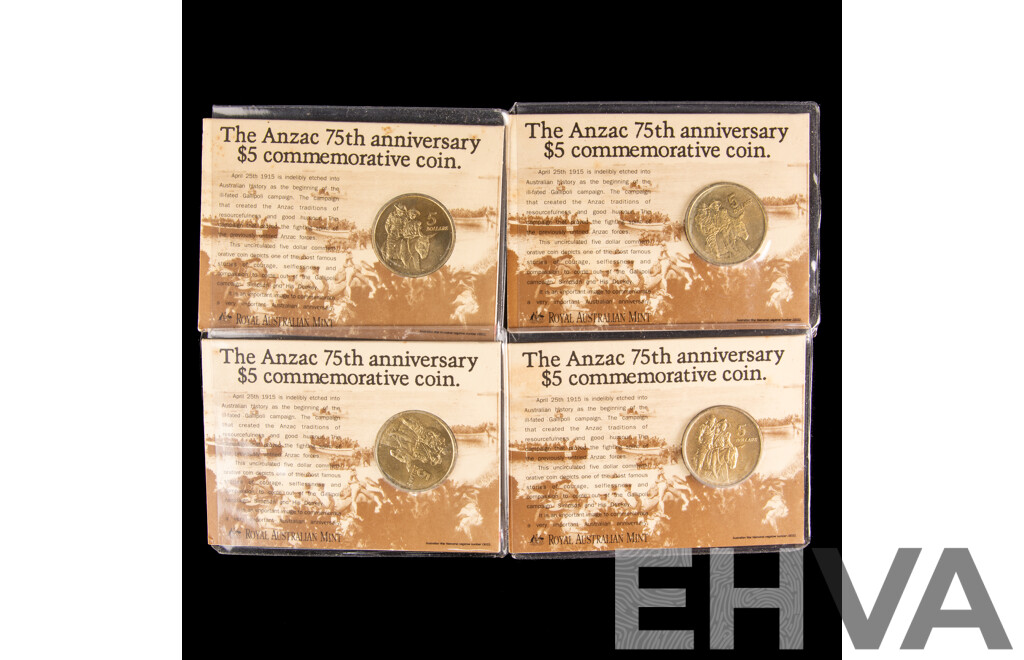 Four Australian 1990 Five Dollar Coins, ANZAC 75th Anniversary