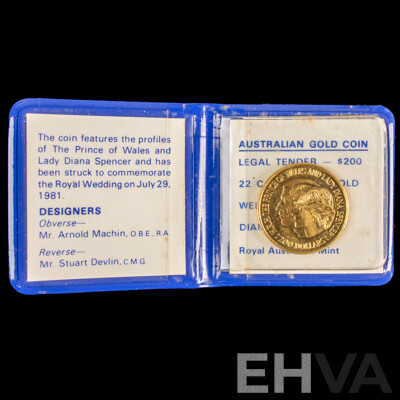 Australian RAM 1981 Gold Two Hundred Dollar Coin, Prince Charles and Lady Diana Wedding .917