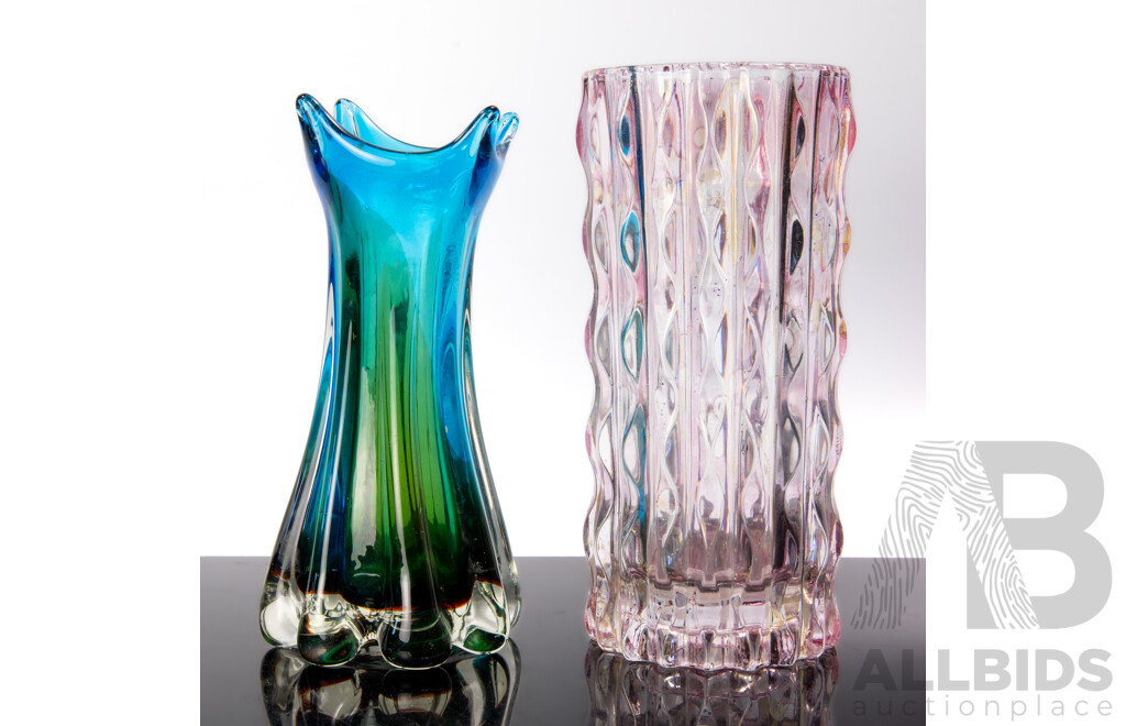 Two Mid Century Art Glass Vases Including Sommerso Splash Form Example