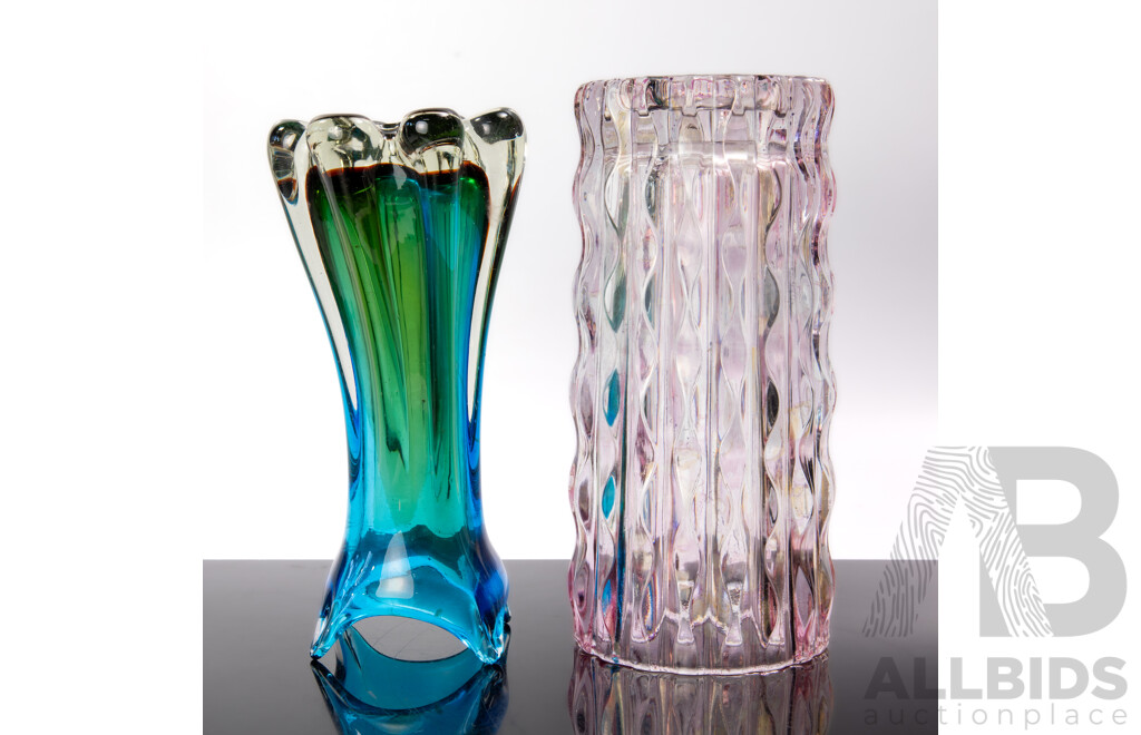Two Mid Century Art Glass Vases Including Sommerso Splash Form Example