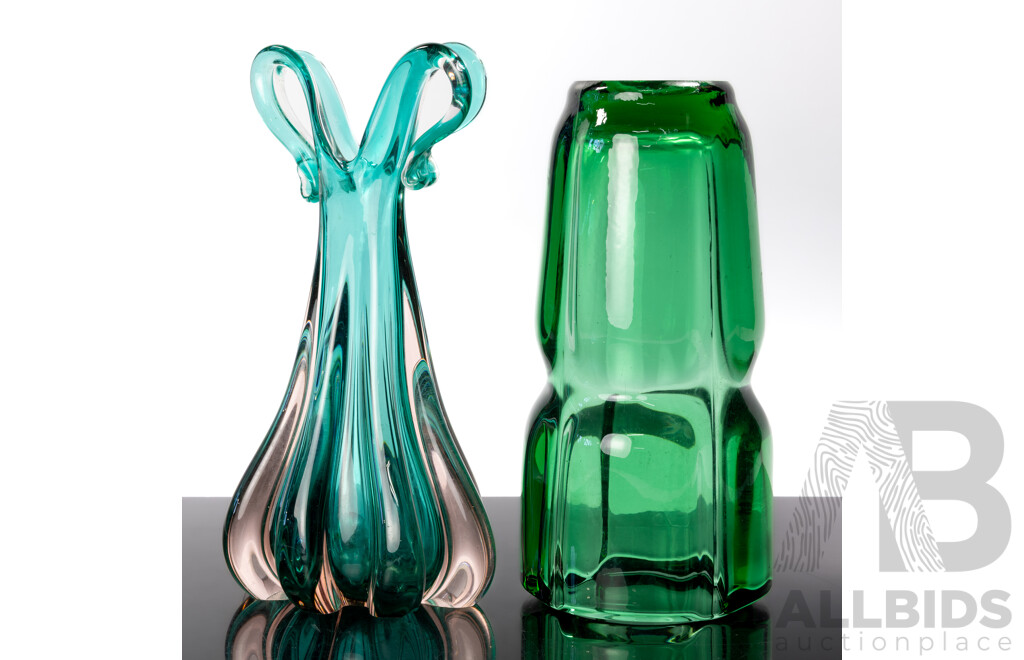 Two Mid Century Art Glass Vases Comprising Sommerso Melted Drip Form Example and Green SKLO UNION Glass Vase by František Vízner for Rudolfova Hut Glassworks
