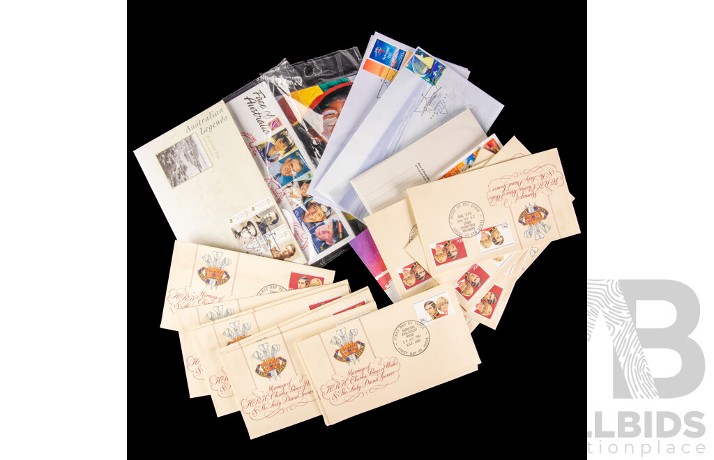 Collection of Australian Faces of Australia Mini Sheets, First Day Covers and Maxicards, FDCs Charles and Diana, Nature, Sydney 2000, Legends, Cancelled Stamps