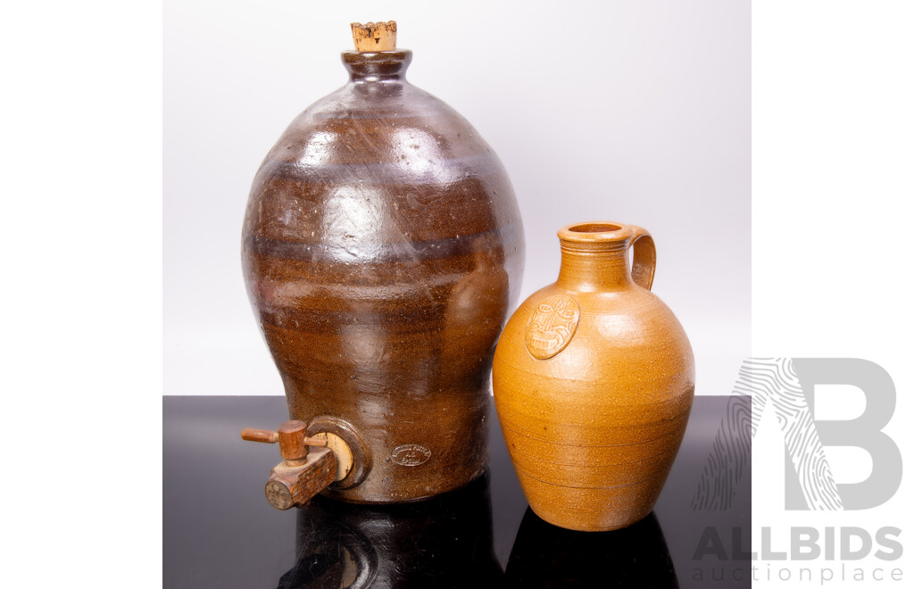 Vintage Australian Bendigo Pottery Epsom Crock with Wooden Spigot Along with Another Similar Example