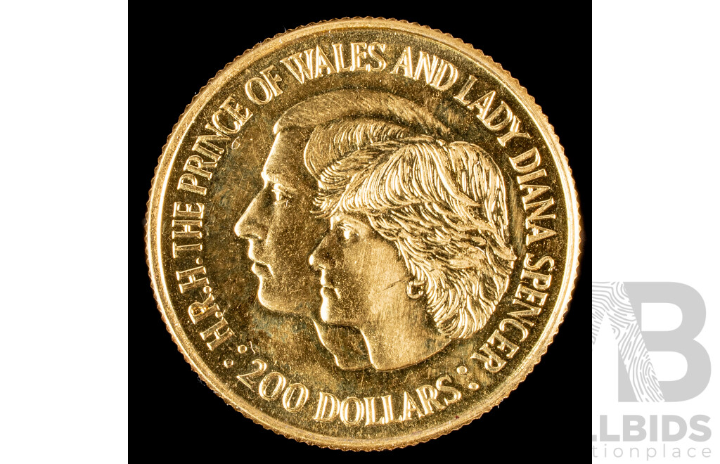 Australian RAM 1981 Gold Two Hundred Dollar Coin, Prince Charles and Lady Diana Wedding .917