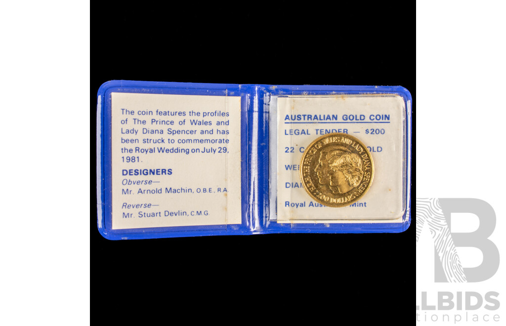 Australian RAM 1981 Gold Two Hundred Dollar Coin, Prince Charles and Lady Diana Wedding .917