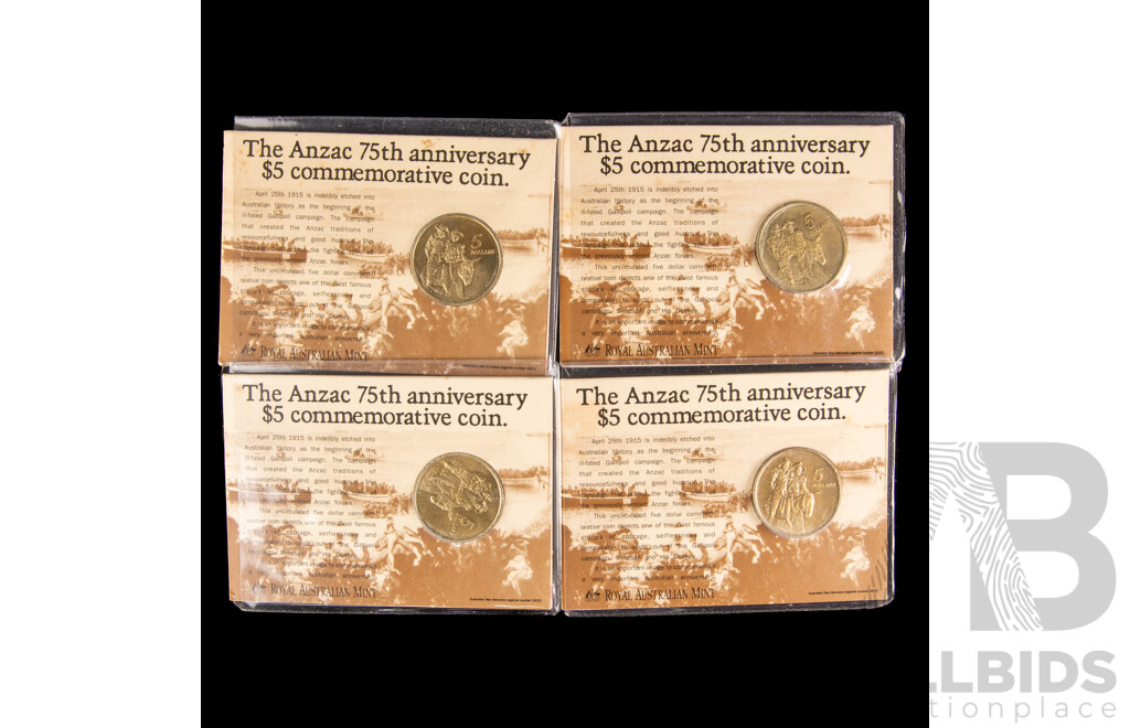 Four Australian 1990 Five Dollar Coins, ANZAC 75th Anniversary