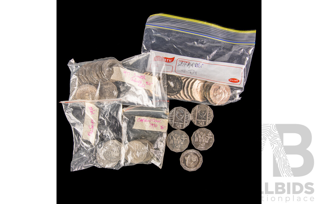 Australian Commemorative Fifty Cent Coins Including 1970 Cook(4) 1977 Jubilee (16) 1981 Charles and Diana(20) 1995 Dunlop(2) 1991 Decimal Currency, 1994 Australia Day(2) 1988 Bicentennial(2)