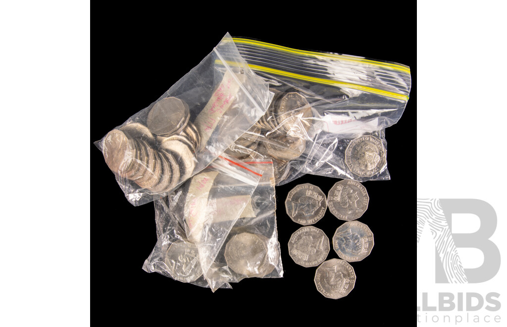 Australian Commemorative Fifty Cent Coins Including 1970 Cook(4) 1977 Jubilee (16) 1981 Charles and Diana(20) 1995 Dunlop(2) 1991 Decimal Currency, 1994 Australia Day(2) 1988 Bicentennial(2)
