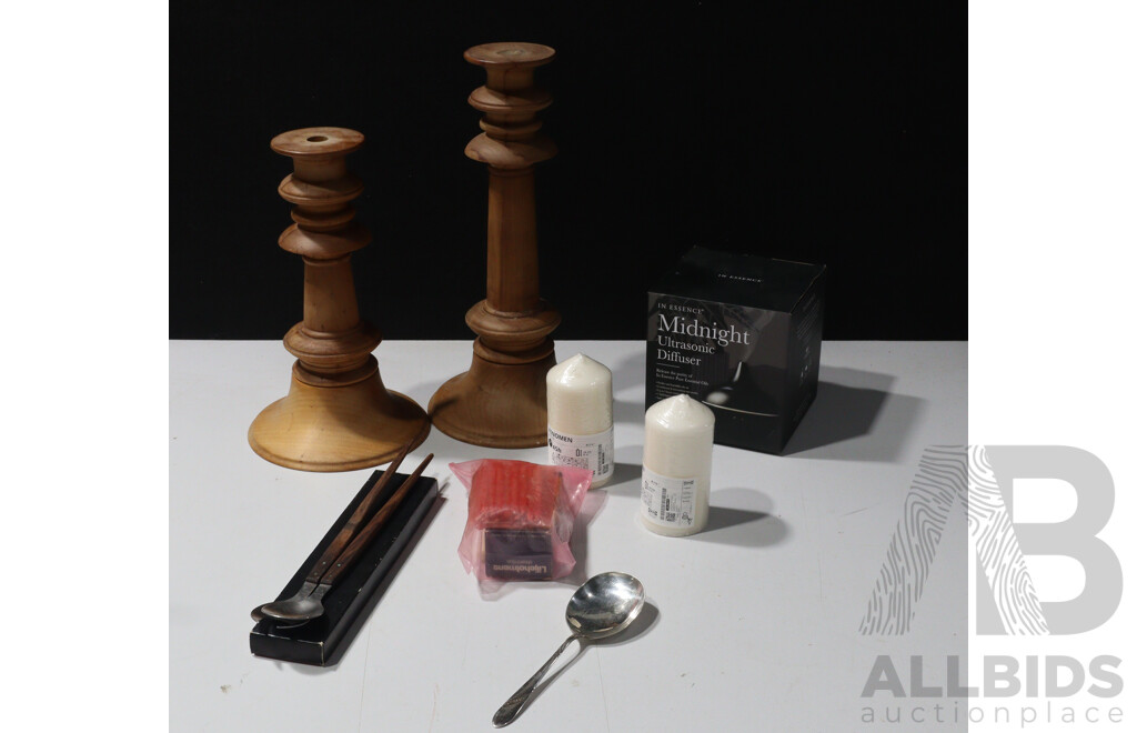 Two Australian Wooden Turned Candle Holders with a Collection Candles and Tapers Along with Two Sets Mid Century Salad Servers with Teak Handles