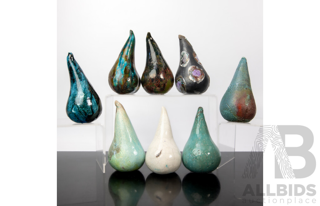Collection Seven Hand Made & Decorated Studio Art Pottery Pears, Some with Raku Glaze