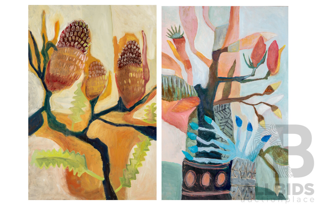 Artist Unknown, (20th Century), Still Life - Study of Banksias & Plants in Pot, Wonderful Original Pair of Oils on Canvas, 91 x 61 cm (frame) (2)