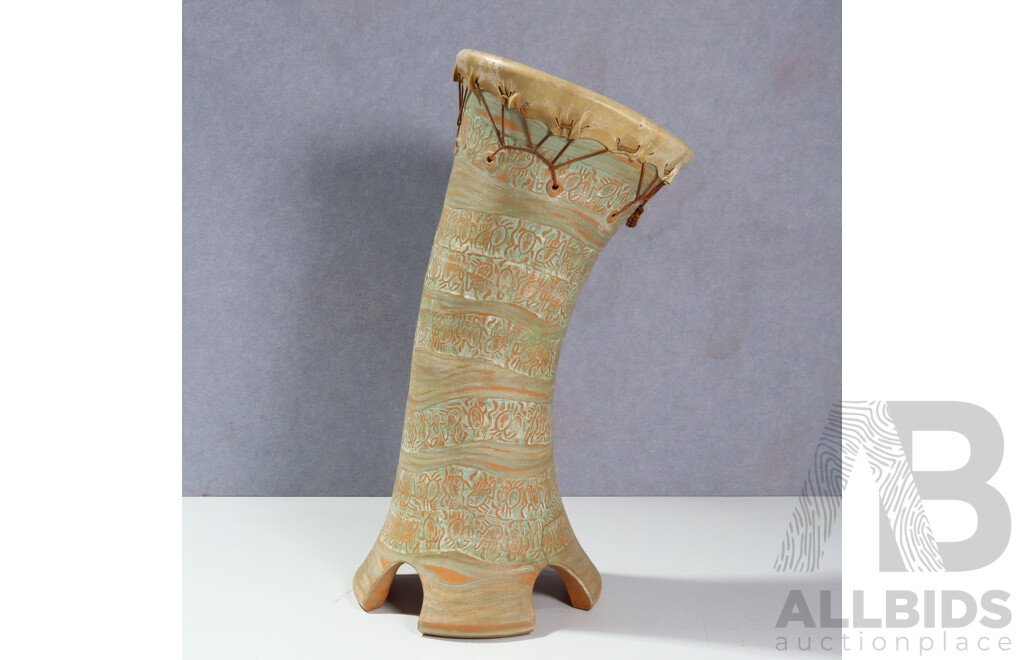 Retro Studio Pottery Drum with Leather Skin with Turtle and Crab Motif Decoration