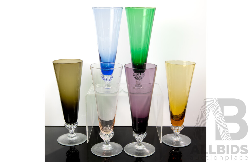 Set Six Vintage Footed Harlequin Coloured Glasses