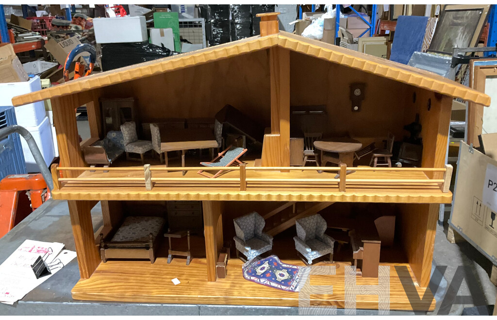 Fantastic Retro Australian Hand Made Wooden Dolls House by Kinderplay Bristoys Victoria, with Collection Furniture & Fittings Purchased From Mary Merritt Doll Museum, USA