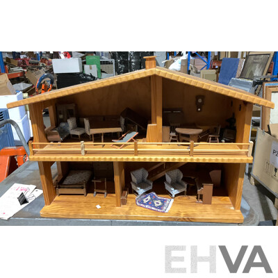 Fantastic Retro Australian Hand Made Wooden Dolls House by Kinderplay Bristoys Victoria, with Collection Furniture & Fittings Purchased From Mary Merritt Doll Museum, USA