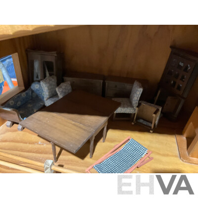 Fantastic Retro Australian Hand Made Wooden Dolls House by Kinderplay Bristoys Victoria, with Collection Furniture & Fittings Purchased From Mary Merritt Doll Museum, USA