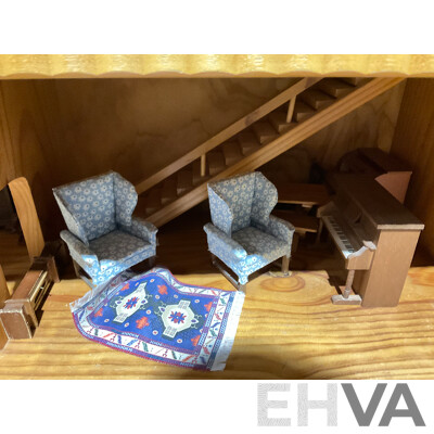 Fantastic Retro Australian Hand Made Wooden Dolls House by Kinderplay Bristoys Victoria, with Collection Furniture & Fittings Purchased From Mary Merritt Doll Museum, USA