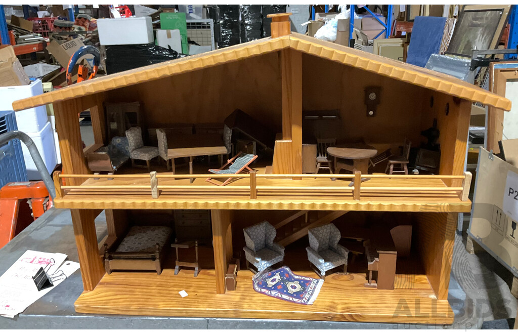 Fantastic Retro Australian Hand Made Wooden Dolls House by Kinderplay Bristoys Victoria, with Collection Furniture & Fittings Purchased From Mary Merritt Doll Museum, USA