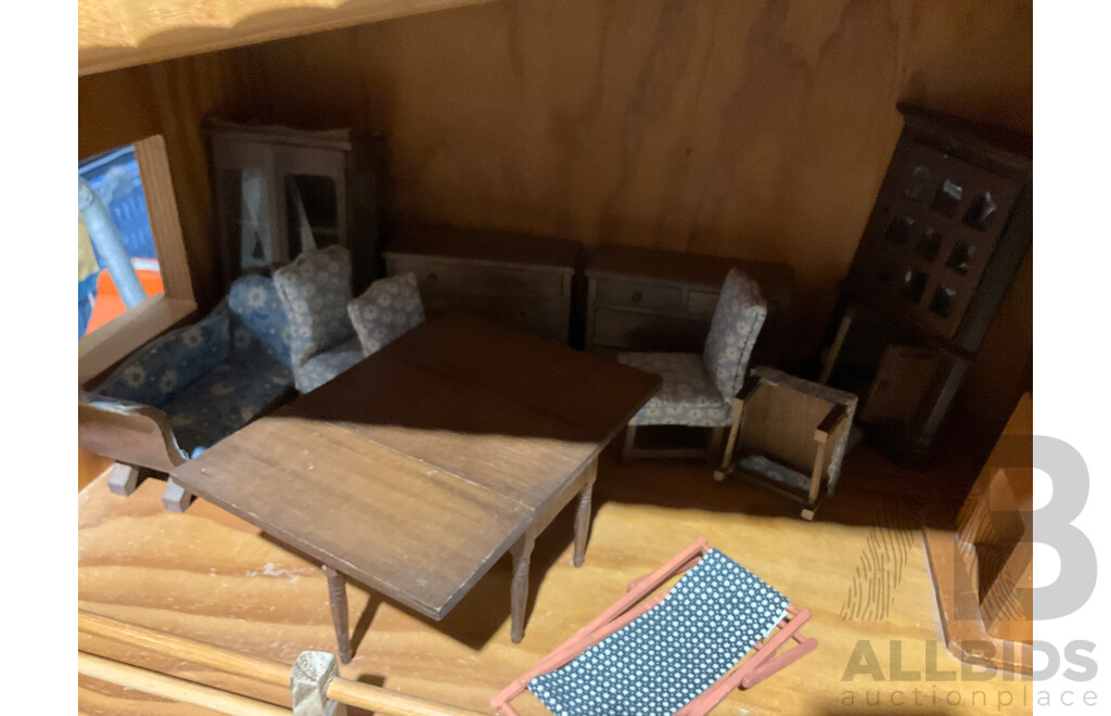 Fantastic Retro Australian Hand Made Wooden Dolls House by Kinderplay Bristoys Victoria, with Collection Furniture & Fittings Purchased From Mary Merritt Doll Museum, USA