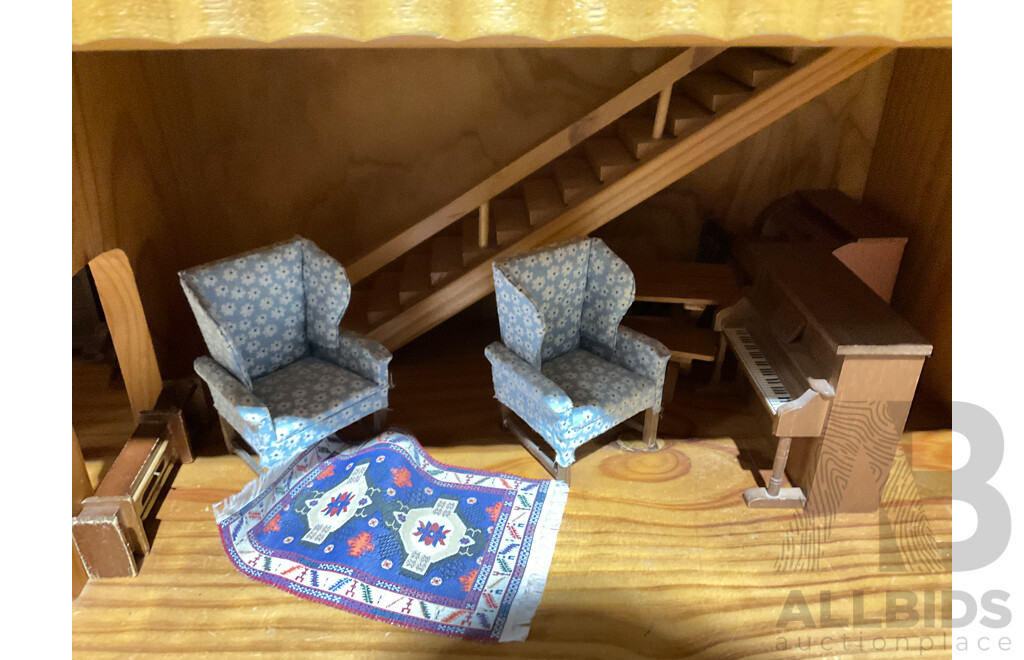 Fantastic Retro Australian Hand Made Wooden Dolls House by Kinderplay Bristoys Victoria, with Collection Furniture & Fittings Purchased From Mary Merritt Doll Museum, USA