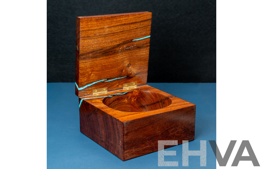 J Favosite Handmade Heavy Wooden Trinket Box with Inlaid Sterling Silver & Turquoise