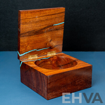 J Favosite Handmade Heavy Wooden Trinket Box with Inlaid Sterling Silver & Turquoise