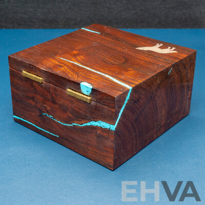 J Favosite Handmade Heavy Wooden Trinket Box with Inlaid Sterling Silver & Turquoise