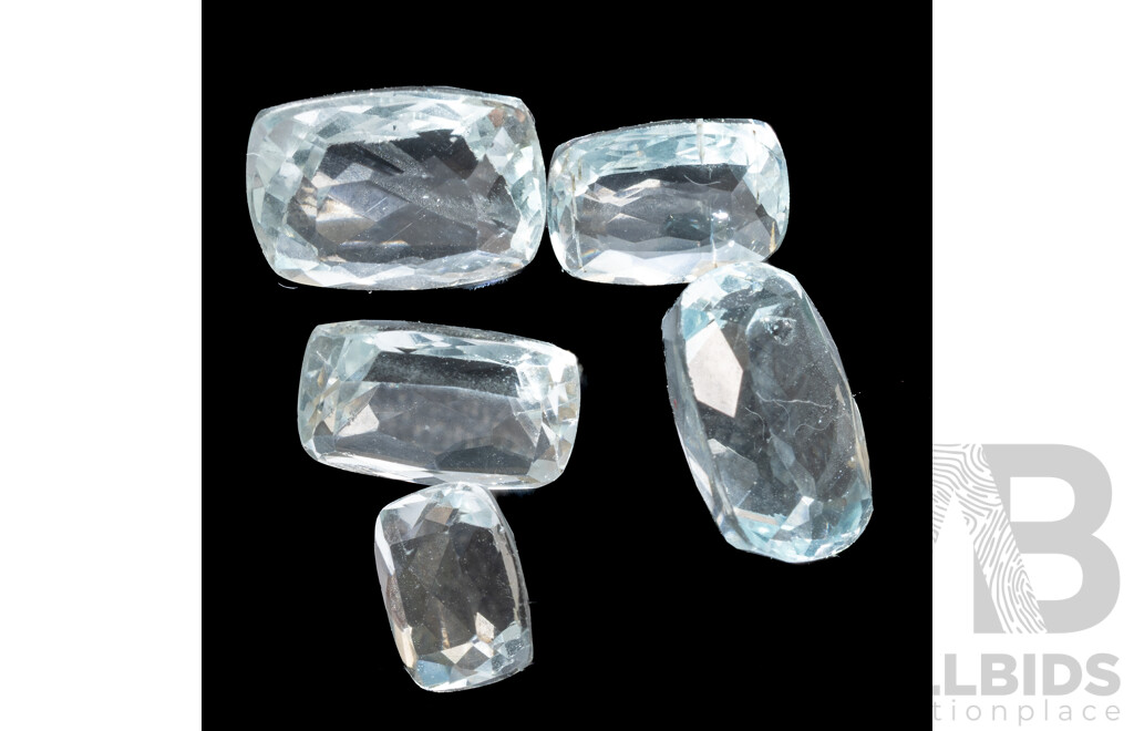 Aquamarine, (5) Unset Palest Blue Cushion Cut Gemstones, 10.35 Grams