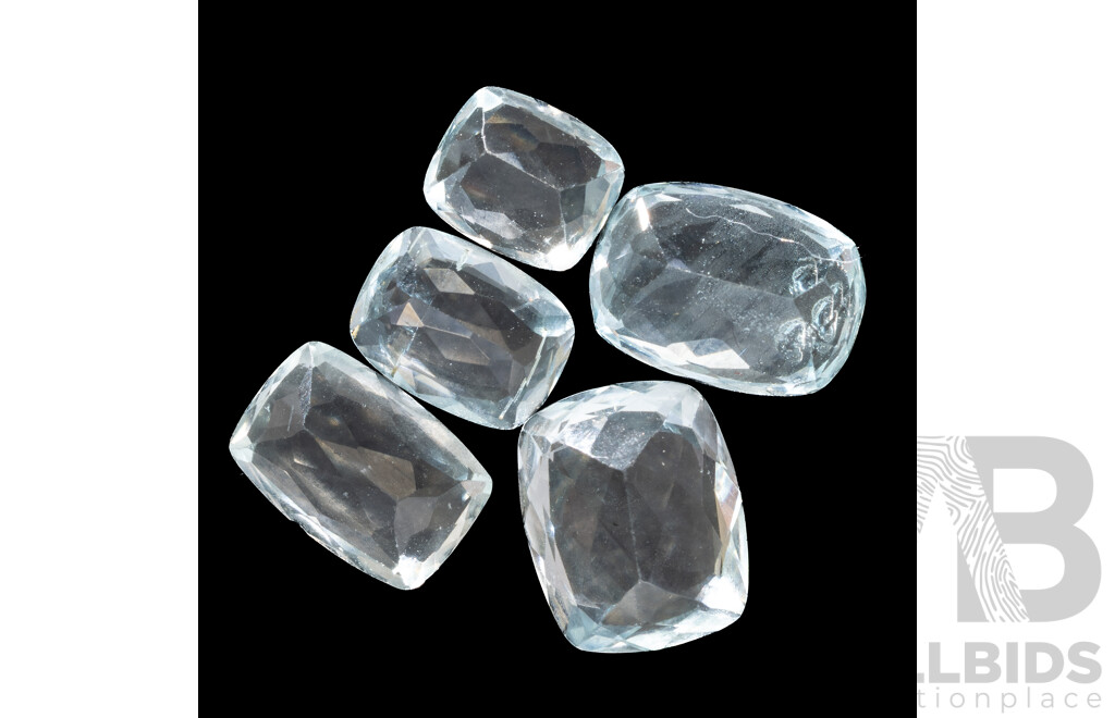 Aquamarine, (5) Unset Palest Blue Cushion Cut Gemstones, 10.35 Grams