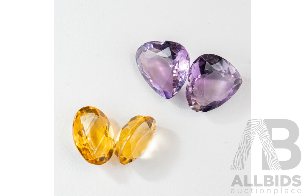 Citrine, (2) Oval Unset Gemstones, 6.95ct & Amethyst (2) Heart Cut Gemstones, 10.82ct